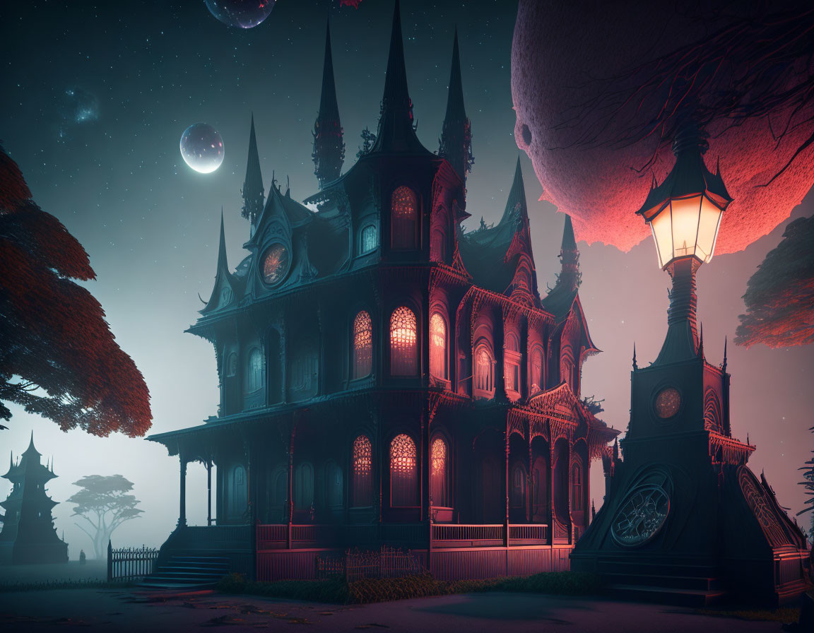 Victorian house with moonlit streetlamps in red-hued twilight