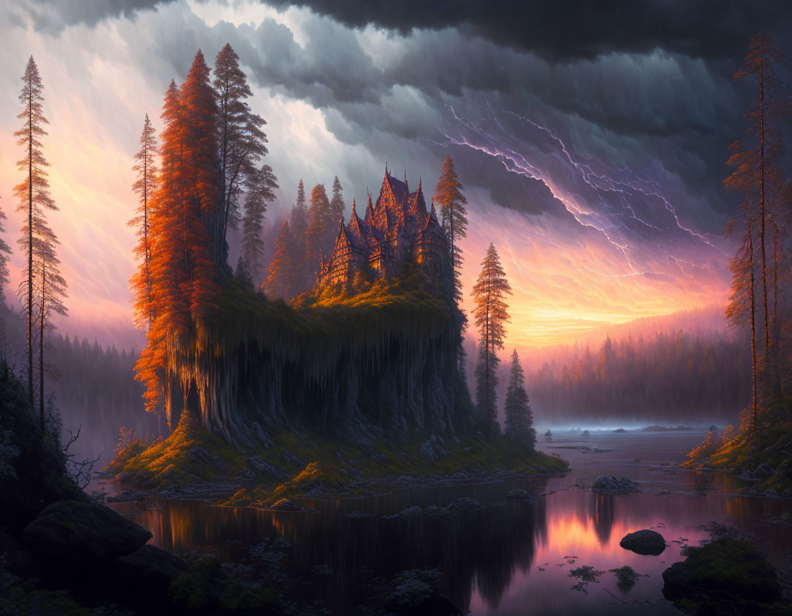 Twilight landscape with lightning storm over dense forest and tranquil lake