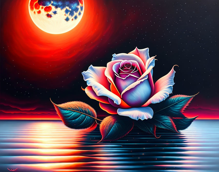 Detailed Rose Painting with Cosmic Background