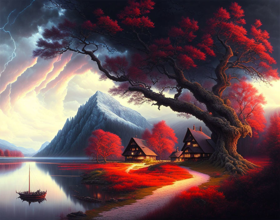 Snow-capped mountain, red tree, lakeside houses, boat, dramatic sky