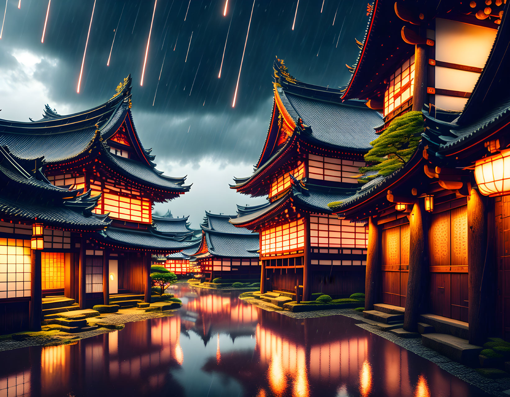 Japanese architecture lit windows at twilight with falling lights on serene water.