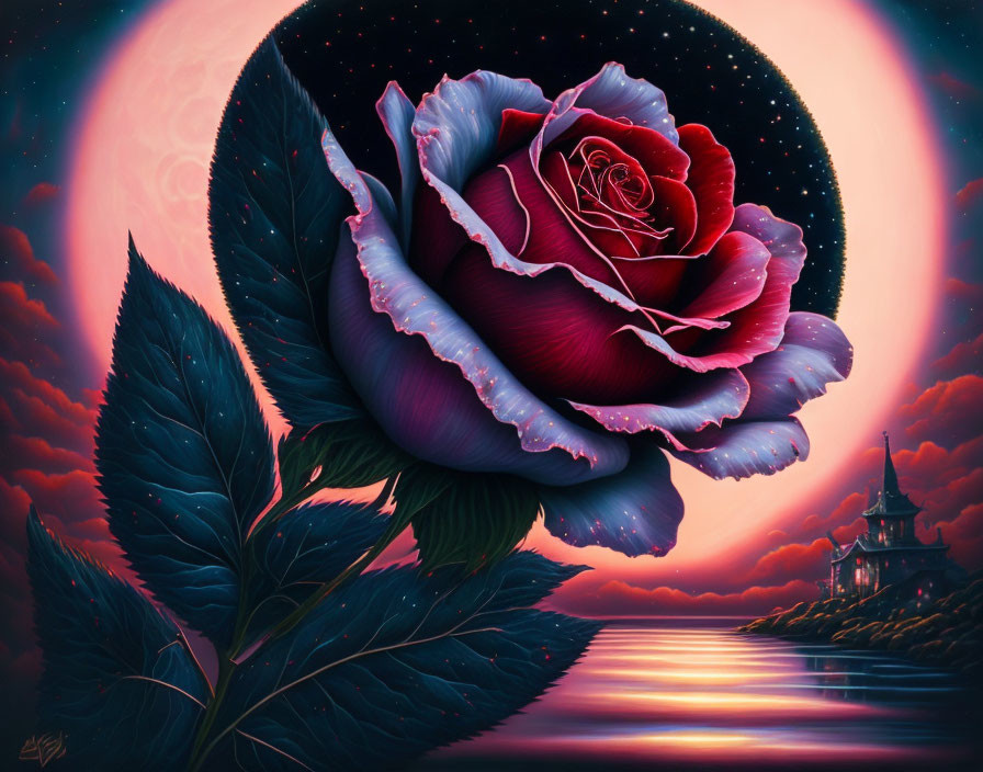 Large Red Rose Painting Against Crimson Sky and Castle Silhouette