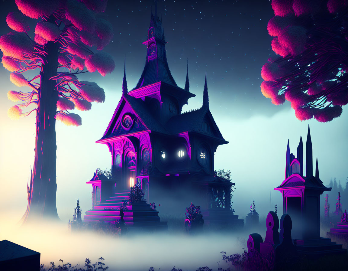 Eerie Victorian-style house in misty twilight forest with tombstones.