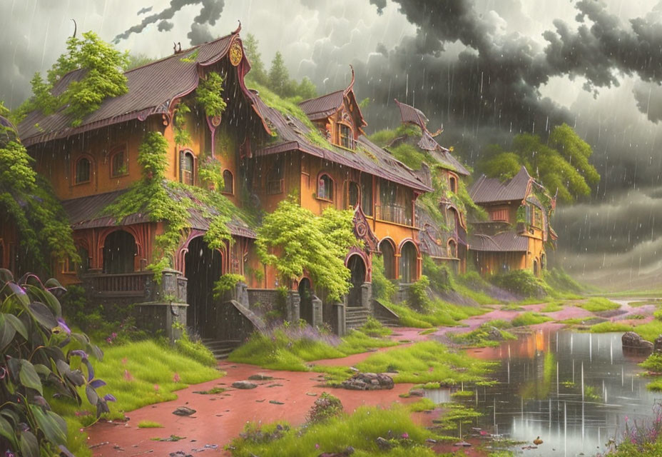 Traditional-style building in lush landscape under rainy sky by tranquil pond