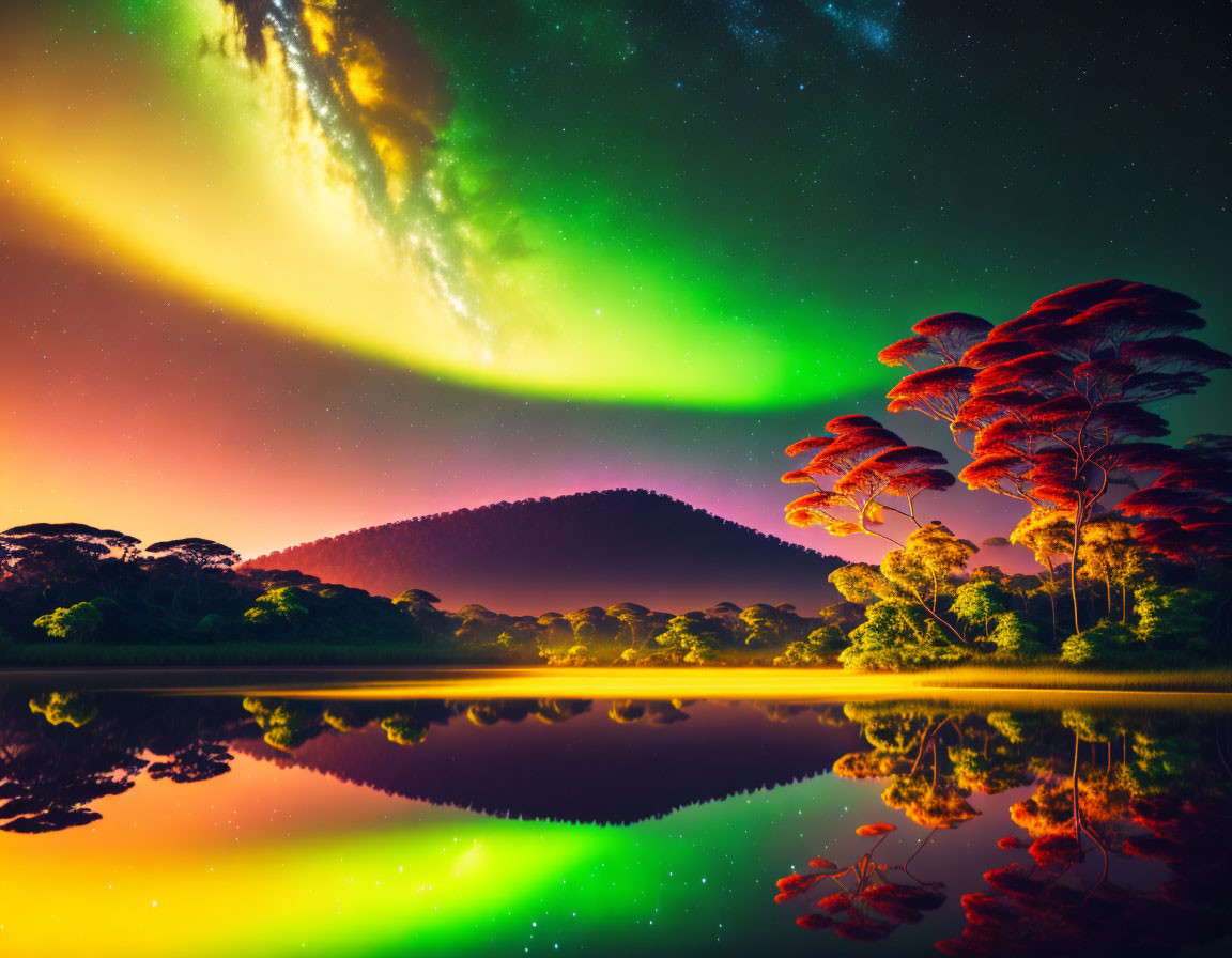 Colorful aurora borealis over serene lake with starry sky