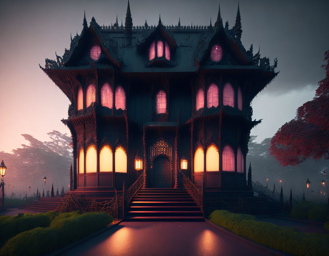 Gothic-style mansion with illuminated windows in misty dusk scene