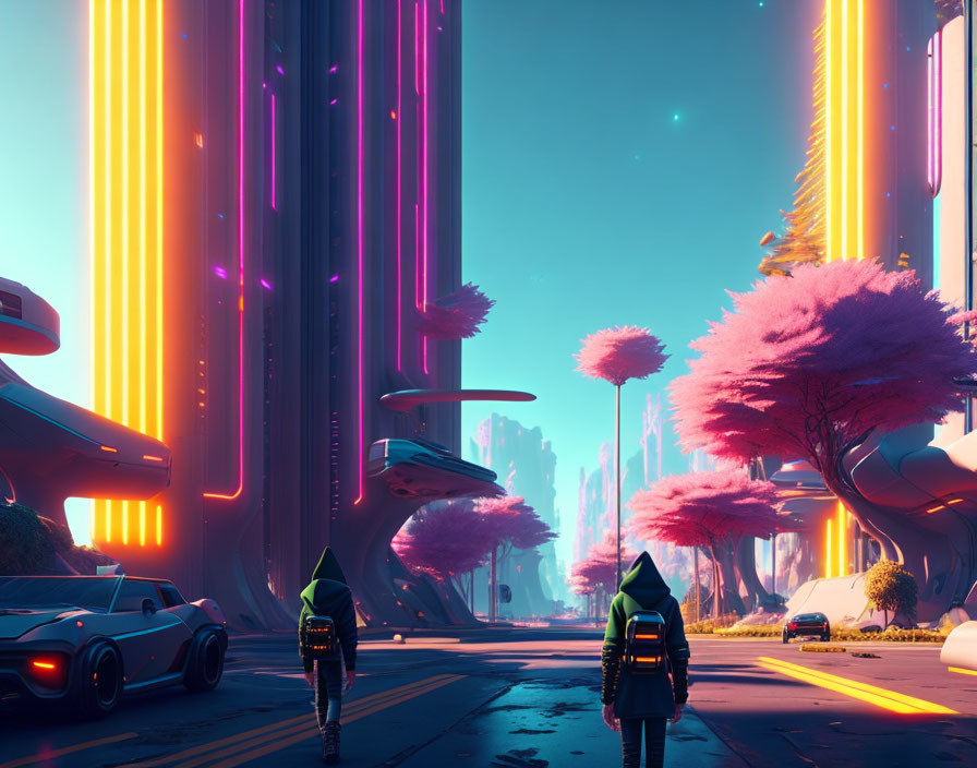 Futuristic cityscape with neon skyscrapers, pink trees, figures, and cars at twilight