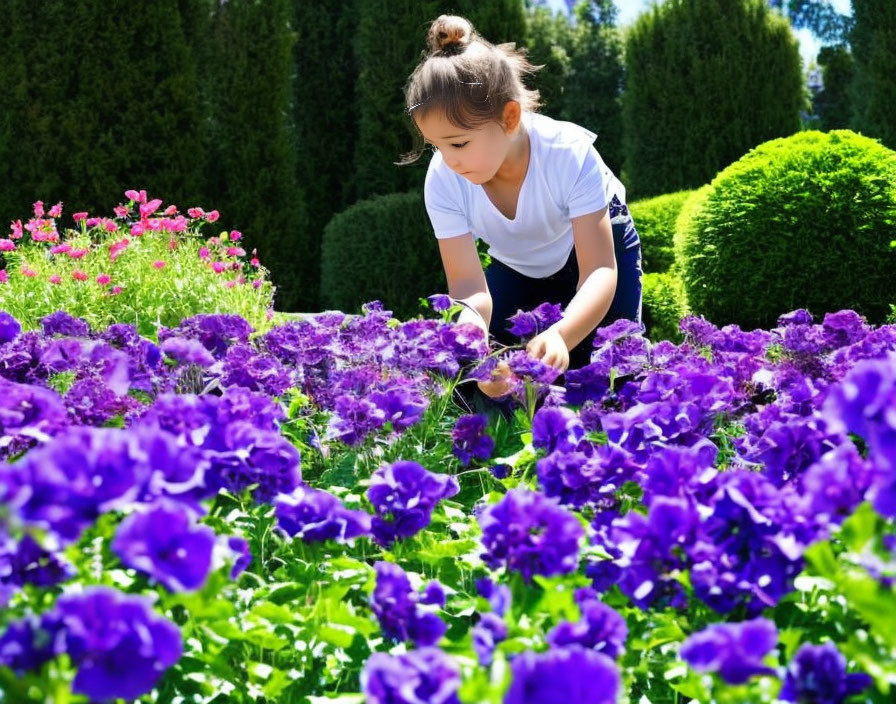 Young girl in white shirt touching purple flowers in vibrant garden