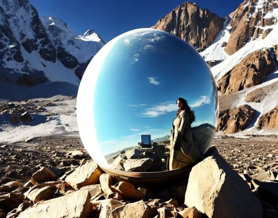 Reflective sphere displaying mountainous landscape with person beside it