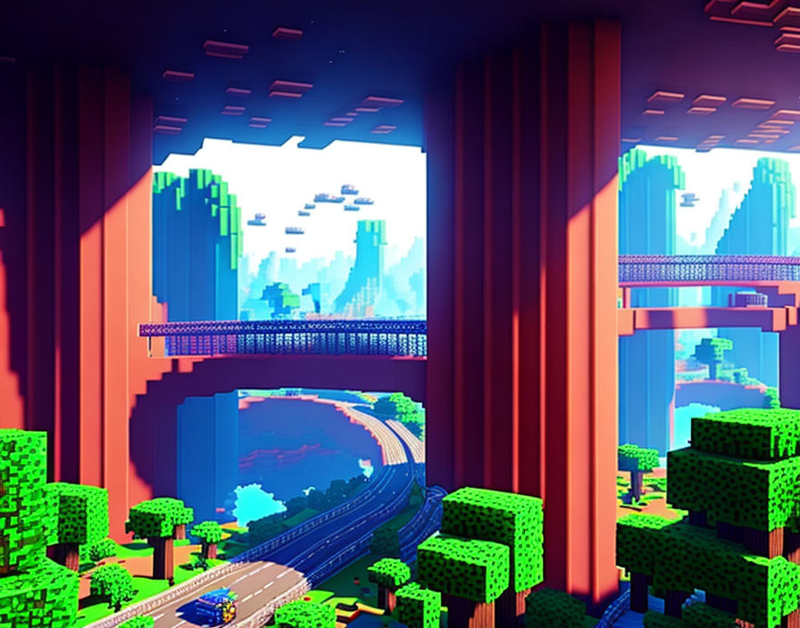 Colorful Voxel Landscape with Bridges, Winding Roads, and Pixel Art Aesthetic