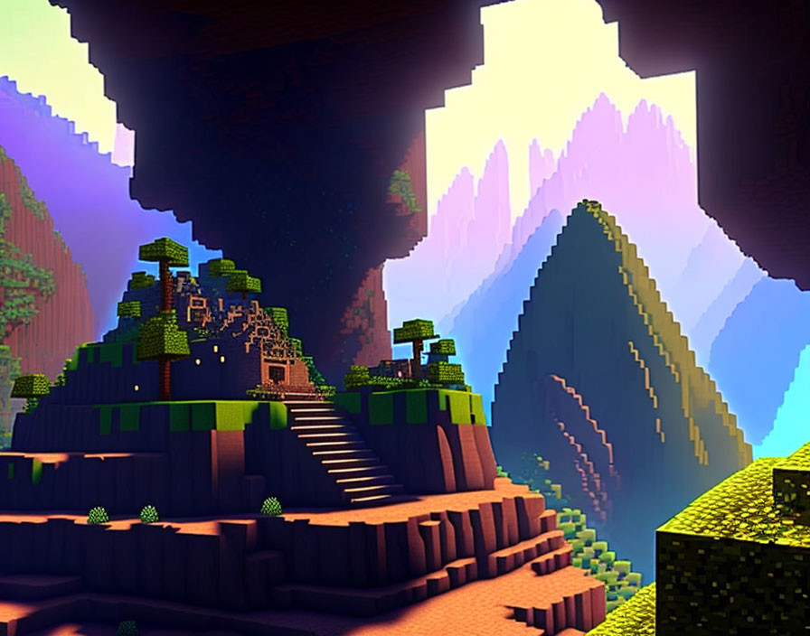 Colorful blocky landscape with mountains, cavern, and Minecraft-like environment.