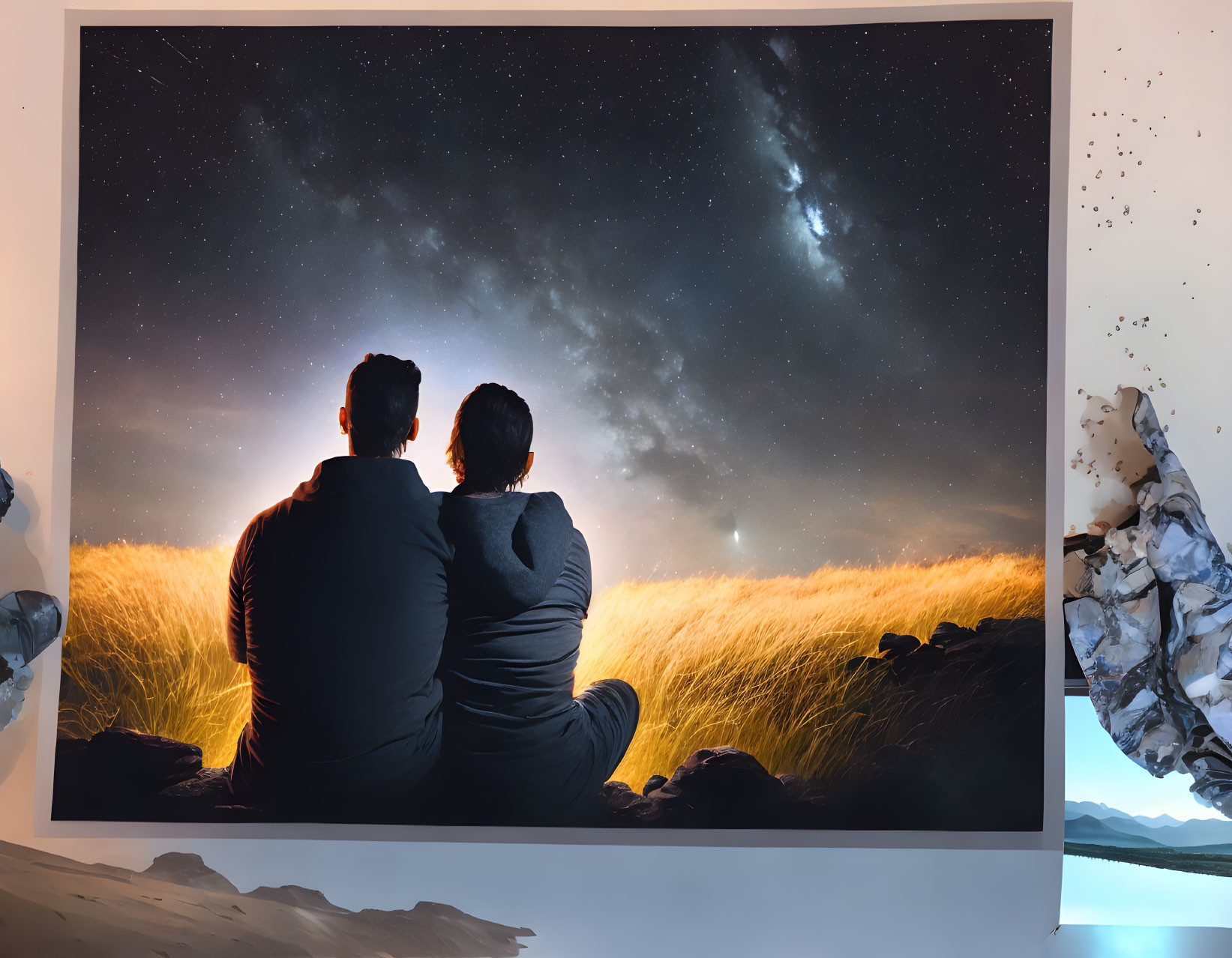 Couple stargazing in grassy field at night