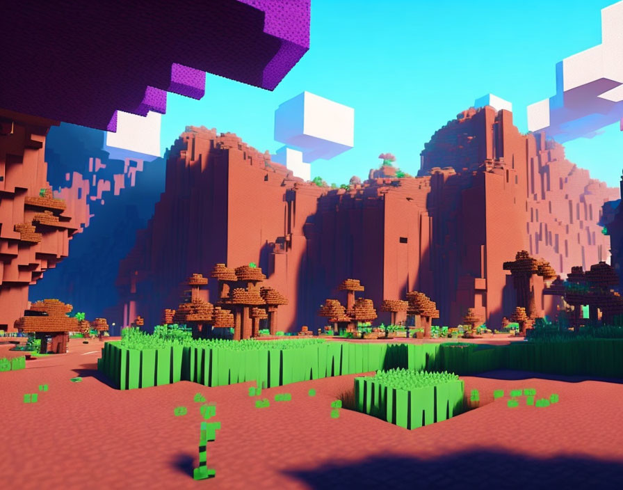 Colorful Voxel Landscape with Blocky Trees and Mountains