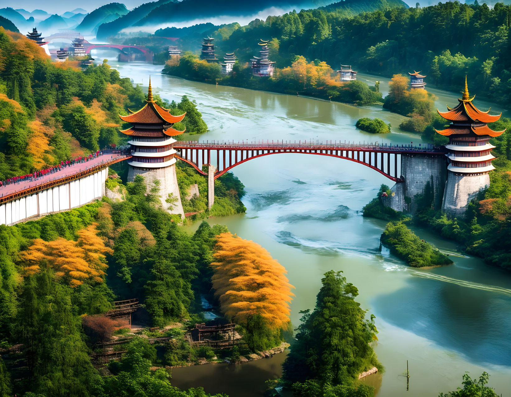 Traditional red bridge with pagoda-style towers over winding river amidst lush greenery and autumn trees