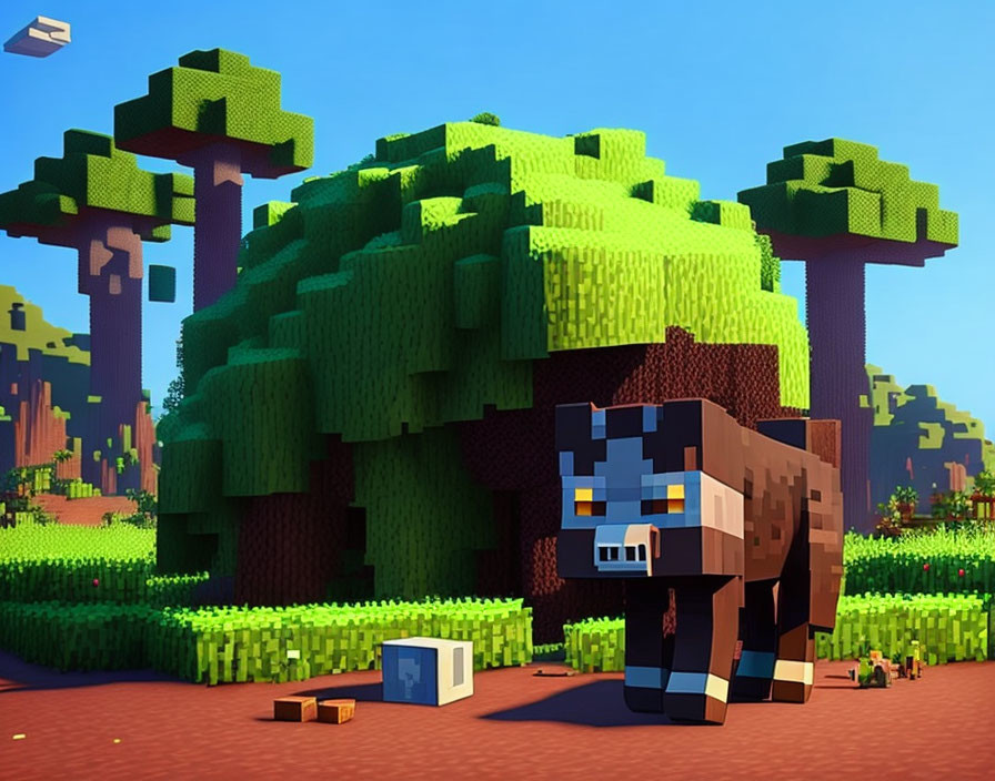 Pixelated cow in game scene with blocky trees and blue sky