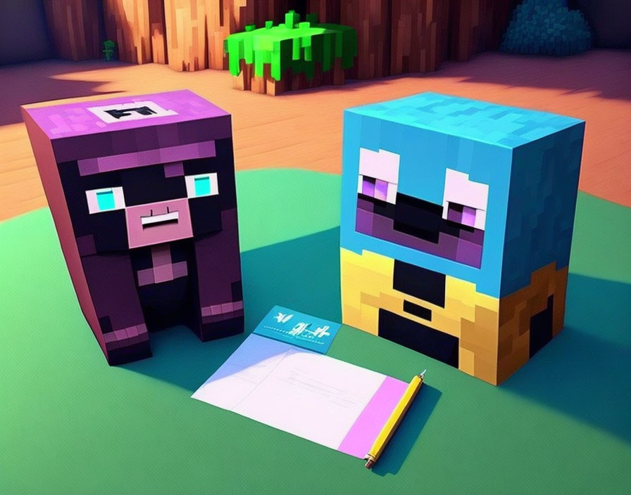 Stylized cubic purple and blue characters with notebook and pencil