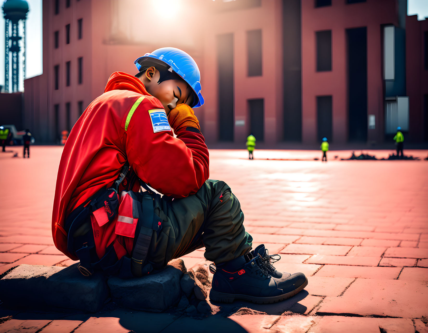 Construction worker in red jacket and blue helmet resting at sunny construction site