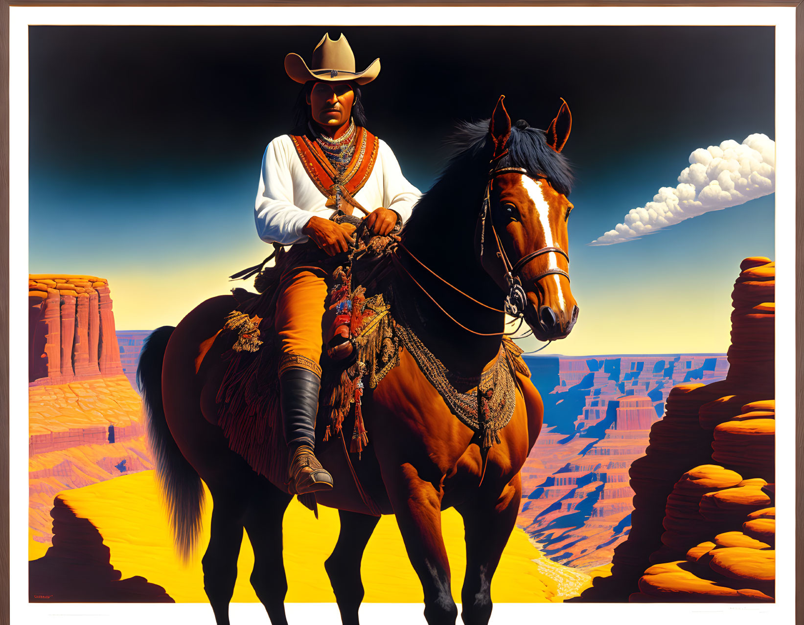 Traditional Cowboy on Horseback Amid Desert Mesas and Blue Sky