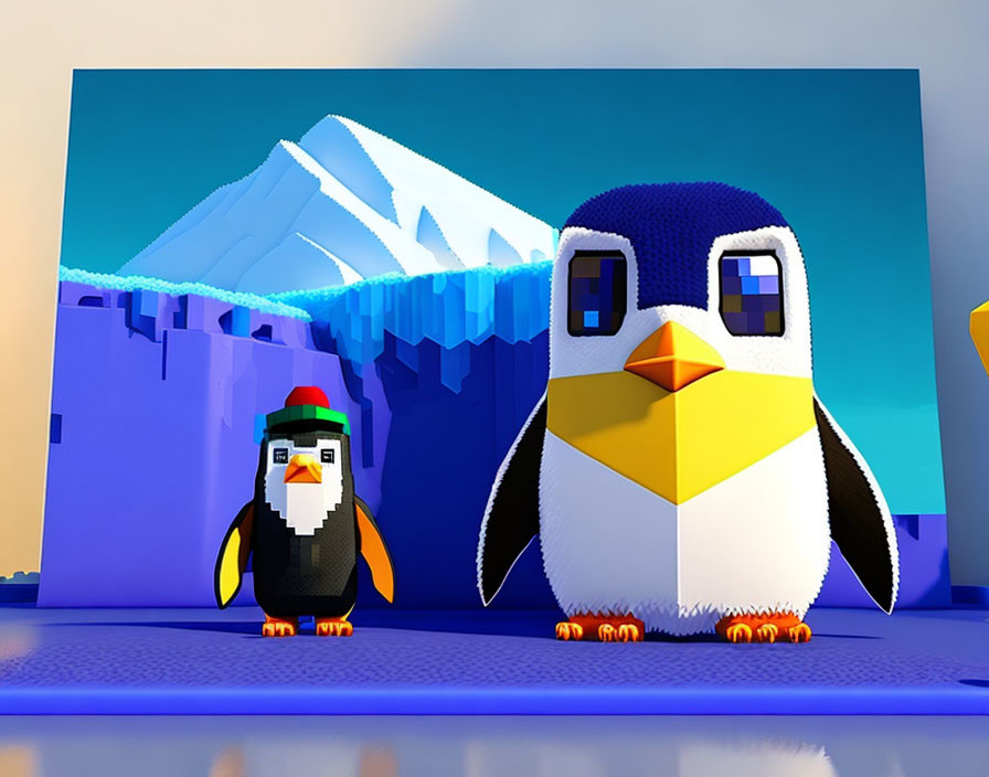 Cartoon penguins in 3D with icy mountain backdrop