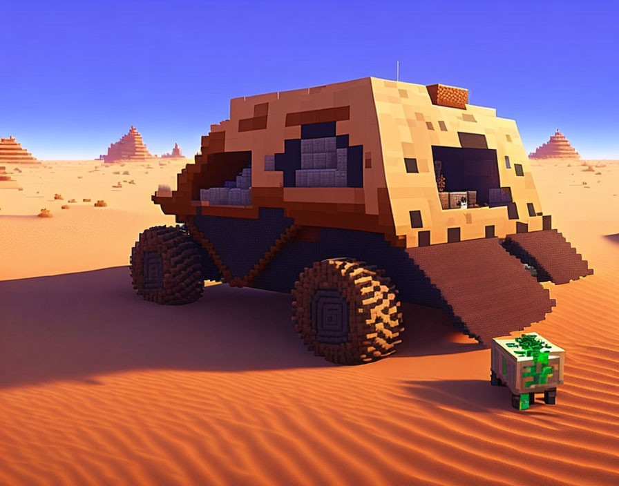 Pixelated desert landscape with caravan vehicle and green character