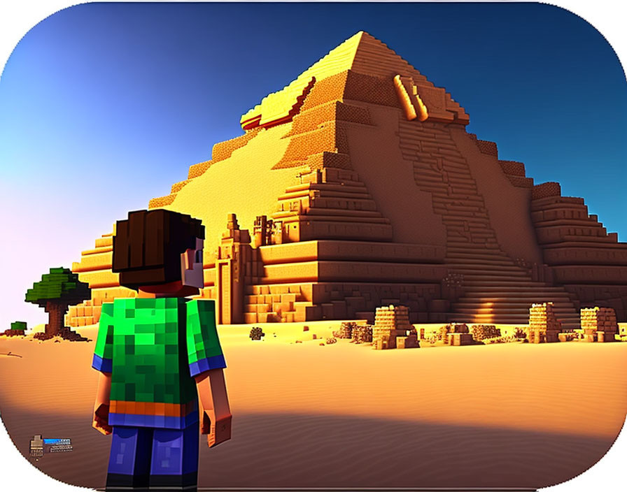 Stylized character in desert with pyramid in voxel-based graphic style