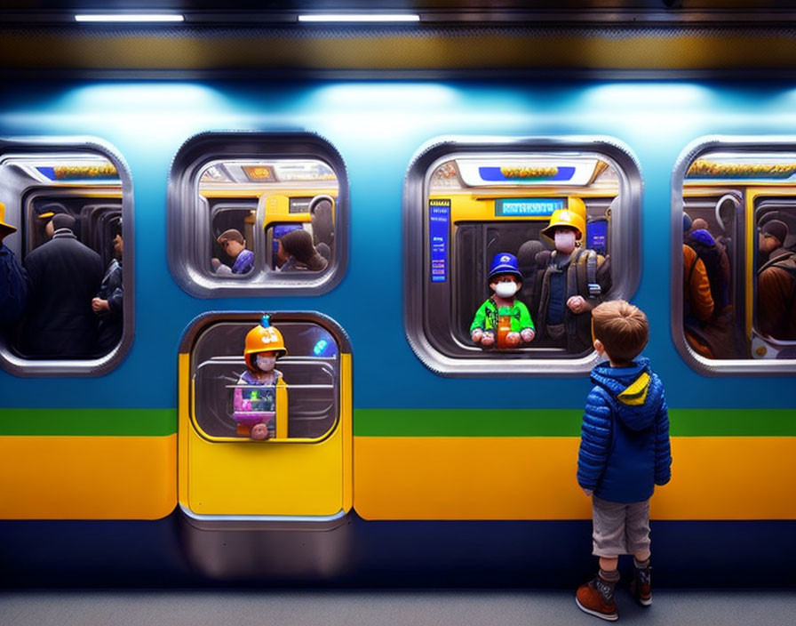 Child in blue jacket watches colorful train passengers in vividly lit carriages