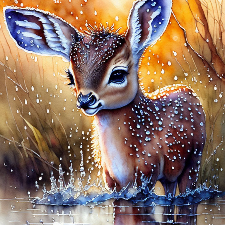 Illustration of doe-eyed fawn with speckled fur and water droplets on vibrant background