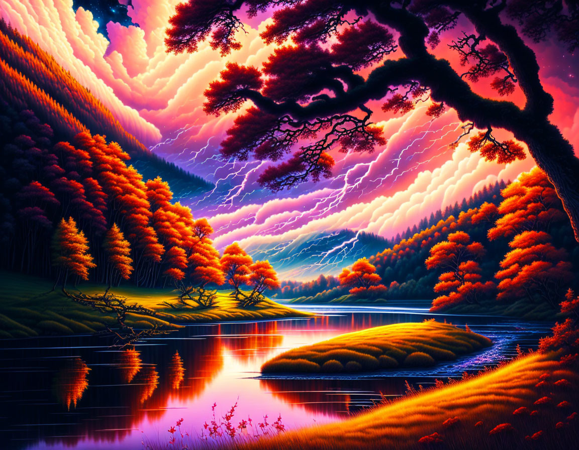 Fiery Orange Trees by Tranquil Lake Under Purple Sunset