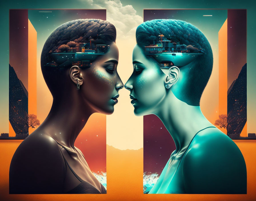 Dual profile portraits with landscape heads under orange sky in cosmic surreal style