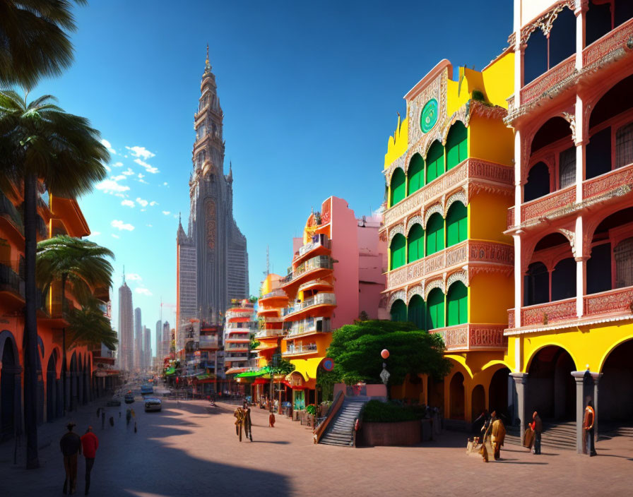 Vibrant street with colorful traditional buildings and ornate tower