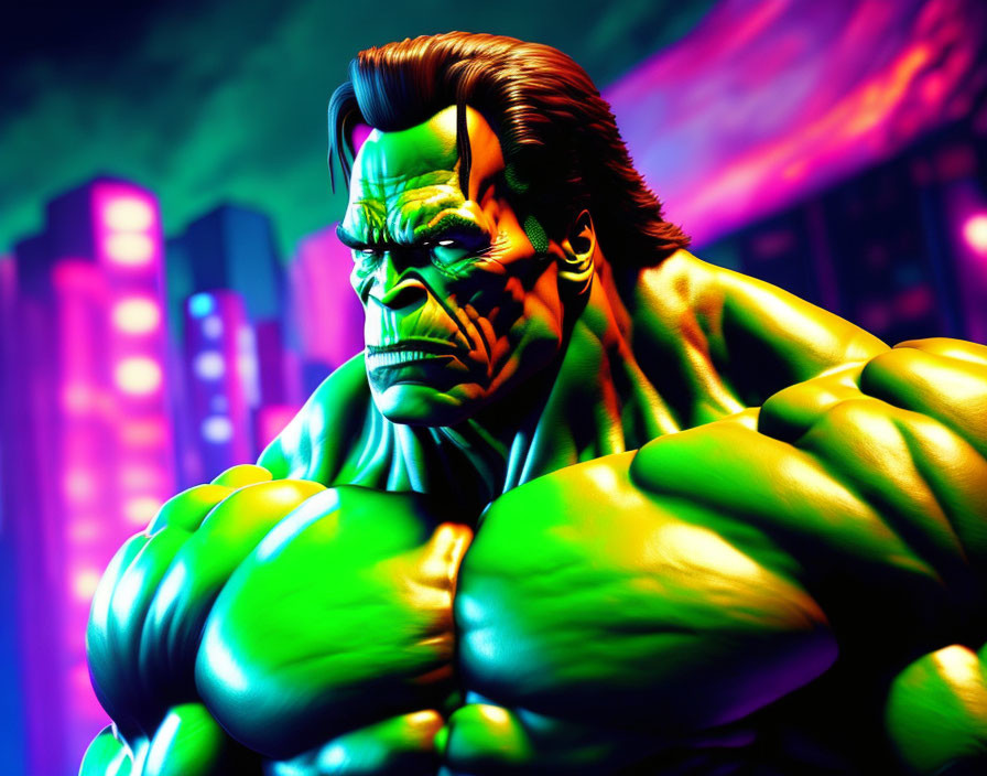 Vibrant Hulk illustration in grim expression against neon cityscape.