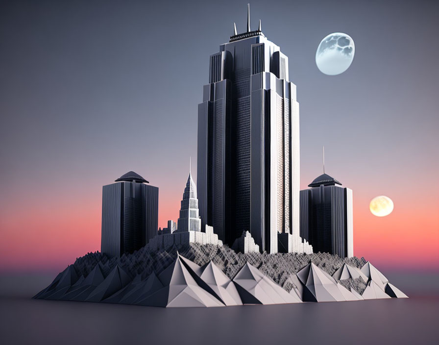 Futuristic cityscape with skyscrapers and geometric mountains under moon and sun.