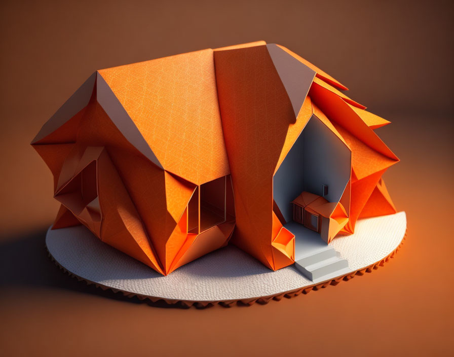 Detailed origami house sculpture on orange background with intricate folds and 3D shadows