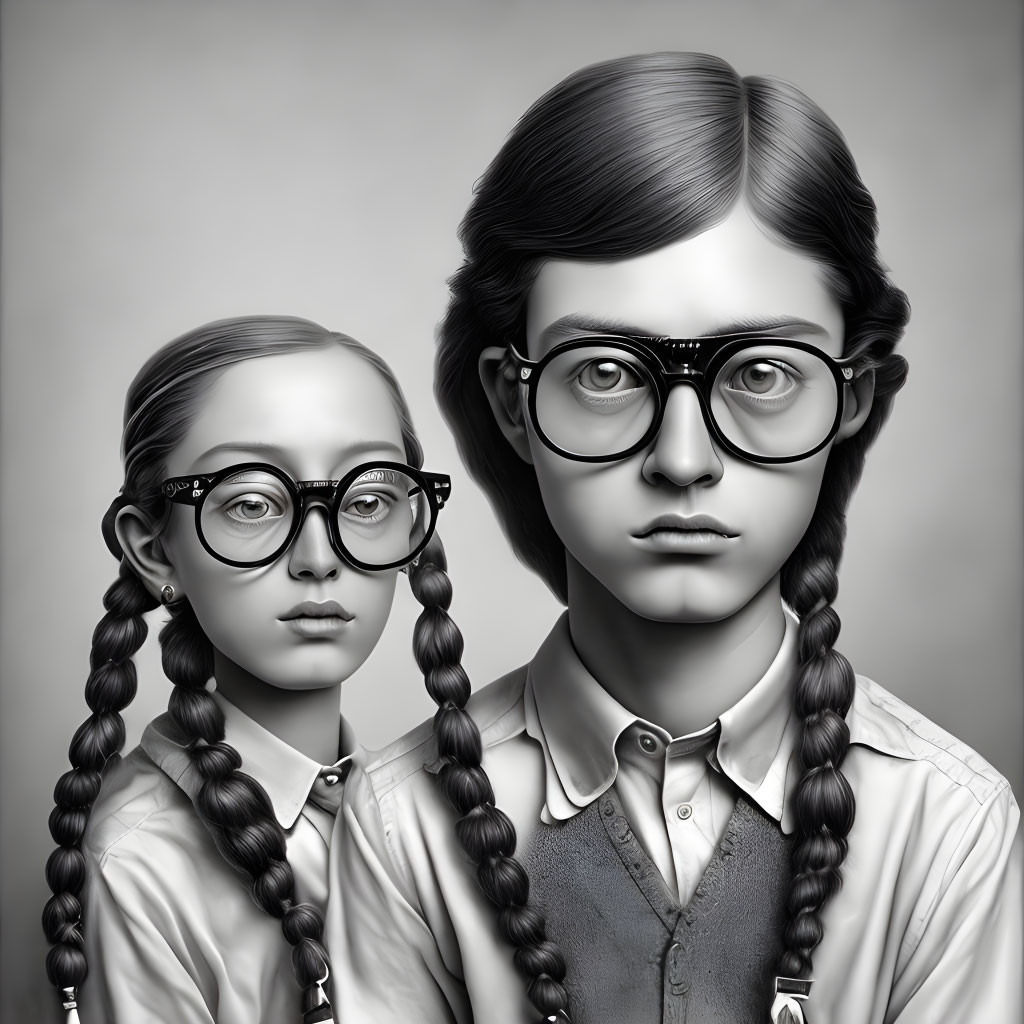 Detailed Monochrome Illustration: Boy and Girl Children with Glasses