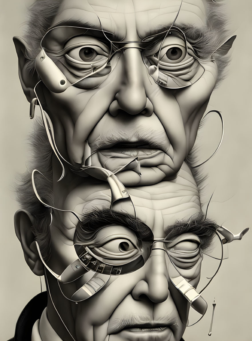 Fragmented Face Digital Art: Hyper-realistic Surreal Portrait with Glasses