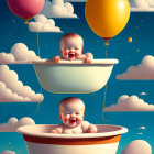 Smiling Babies in Floating Bathtubs with Balloons on Blue Sky Background