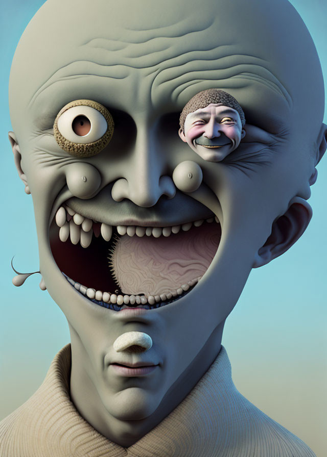 Surreal digital artwork: Multi-featured face on blue background