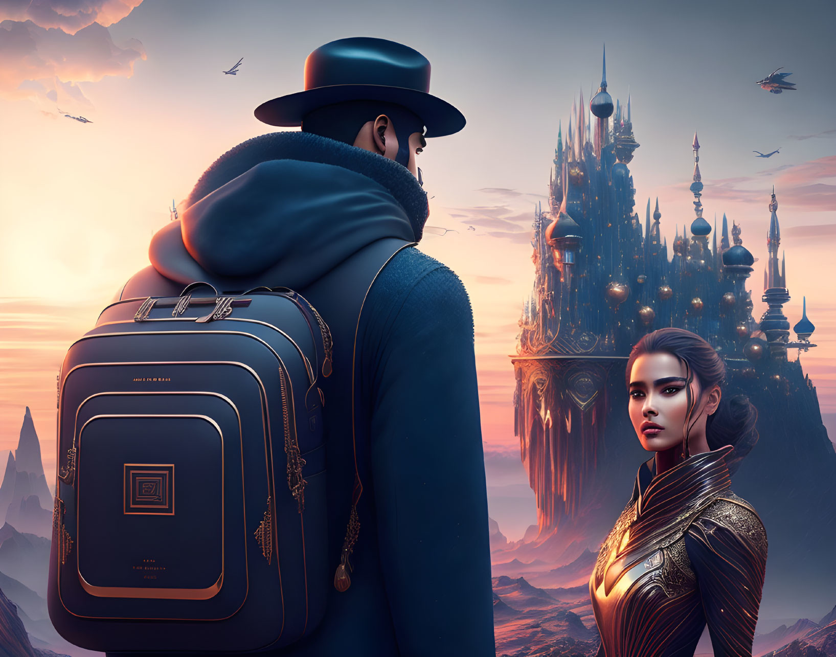 Futuristic man and woman with stylized castle and birds in warm sunset glow