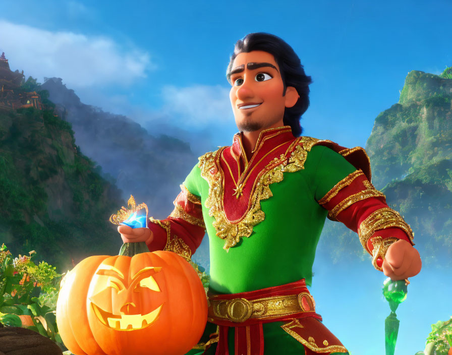 Colorful animated character with carved pumpkin in mountainous backdrop