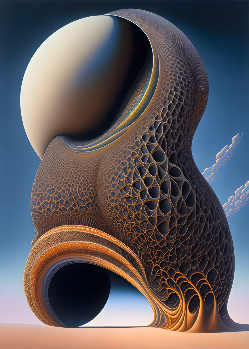 Surreal artwork: Glossy egg-shaped object with latticework on gradient sky