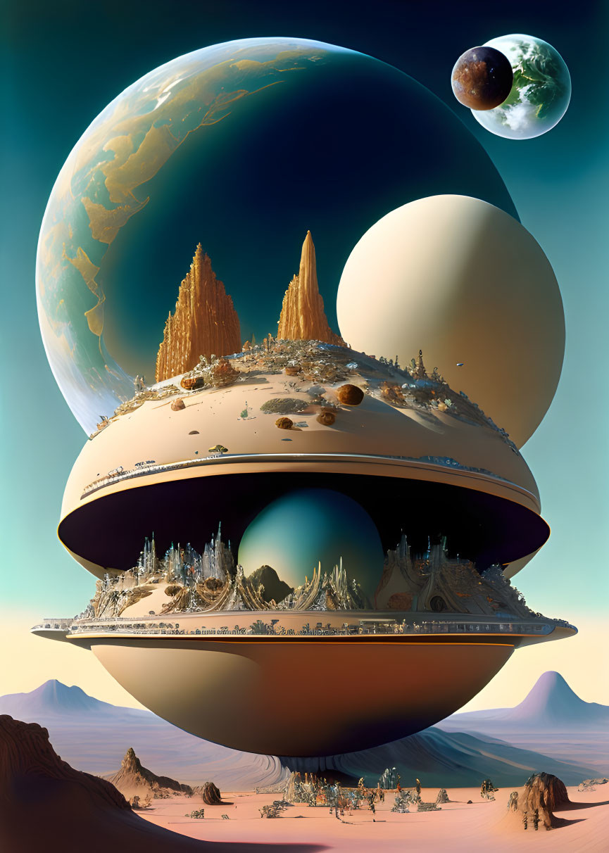 Digital Art: Alien Landscapes with Giant Planet and Moon