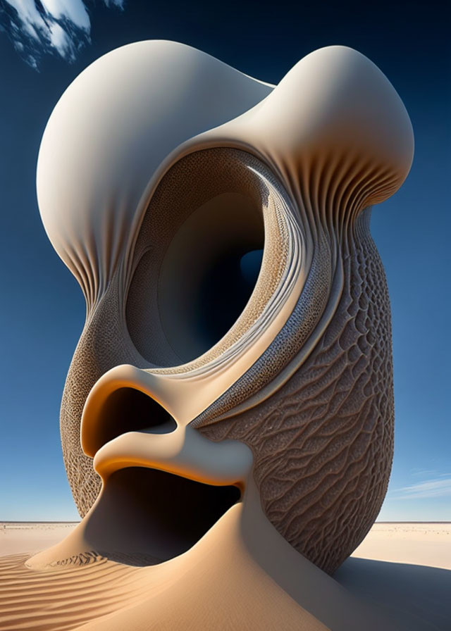 Fluid-shaped desert sculpture under clear blue sky