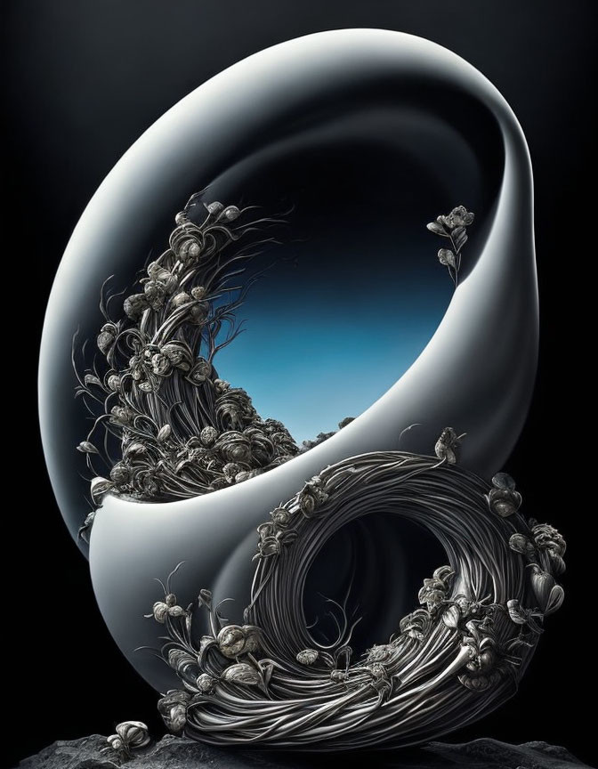 Surreal digital artwork: Mobius strip structure & intricate floral patterns