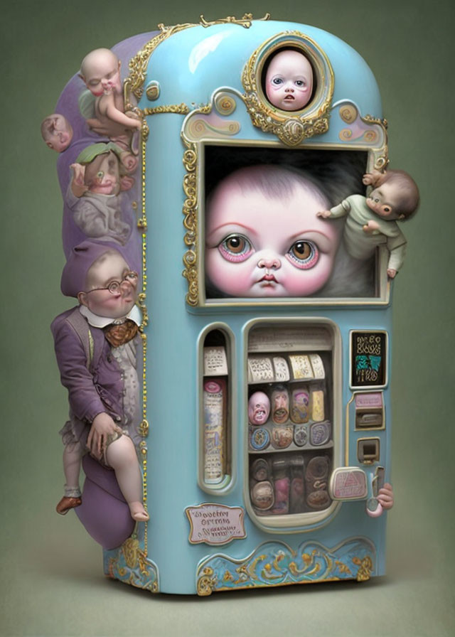 Surreal artwork: Vintage vending machine with baby faces and limbs, odd child in formal attire