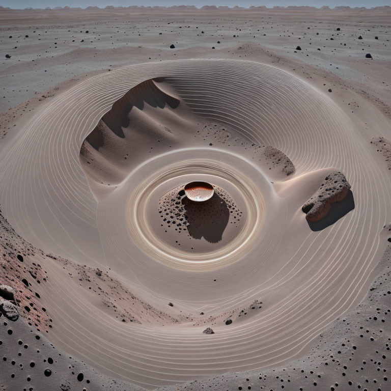 Serene aerial view of intricate desert landscape with sand dunes and scattered rocks