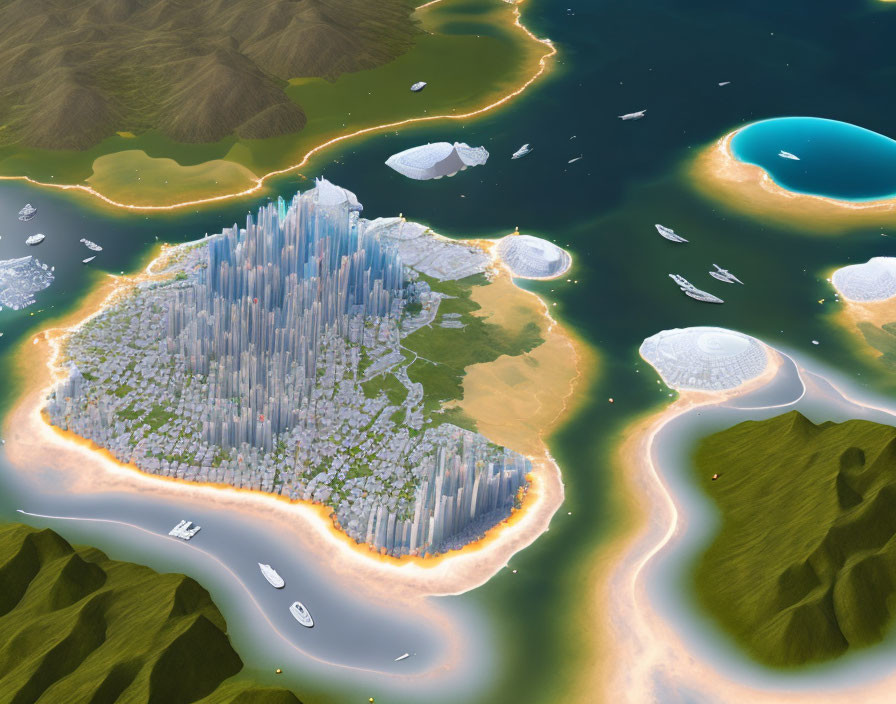 Futuristic cityscape with crystalline skyscrapers on coastline, surrounded by icebergs