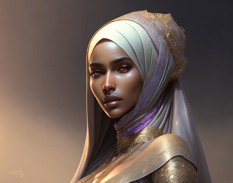 Digital portrait of woman with gold-adorned headscarf exuding elegance