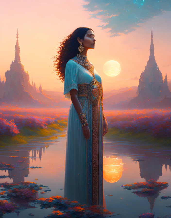 Woman in Blue Gown by Waterway at Sunset with Full Moon