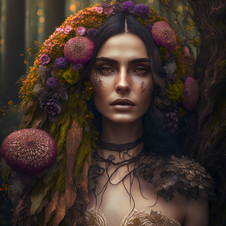 Woman adorned with floral and moss elements, exuding mystical intensity