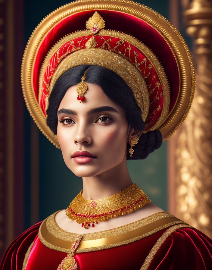 Regal woman in red and gold attire on blue backdrop